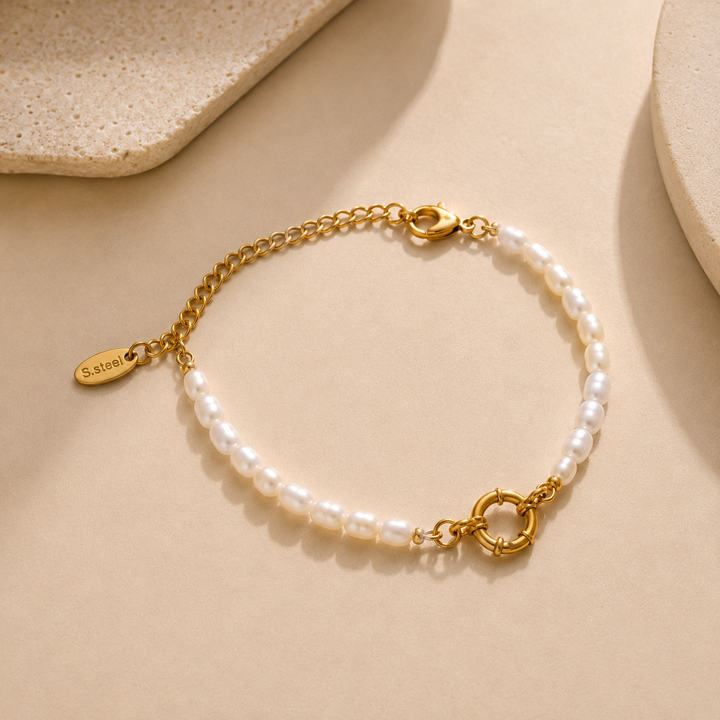 Bracelet Femme Perles Blanches Dorées — SOLEYNA