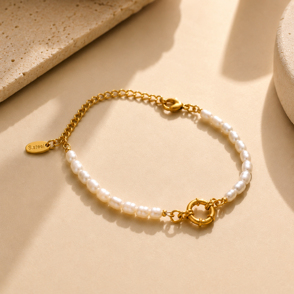 Bracelet Femme Perles Blanches Dorées — SOLEYNA