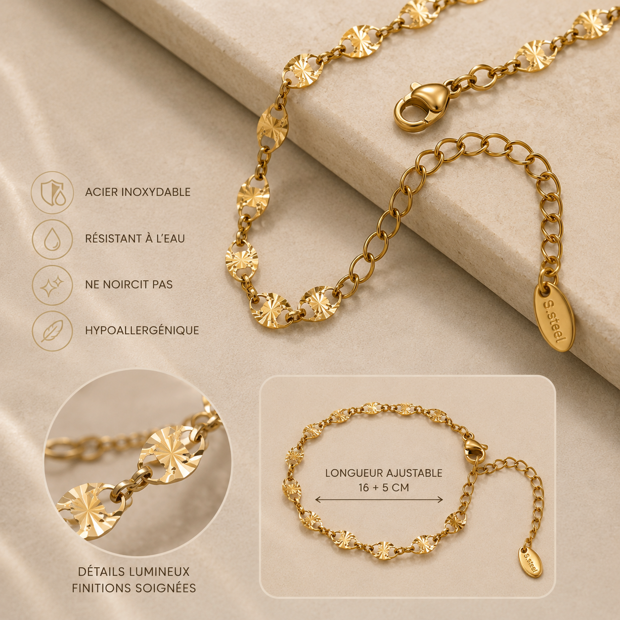 Bracelet Soléa Doré Ajustable Femme — SOLEYNA