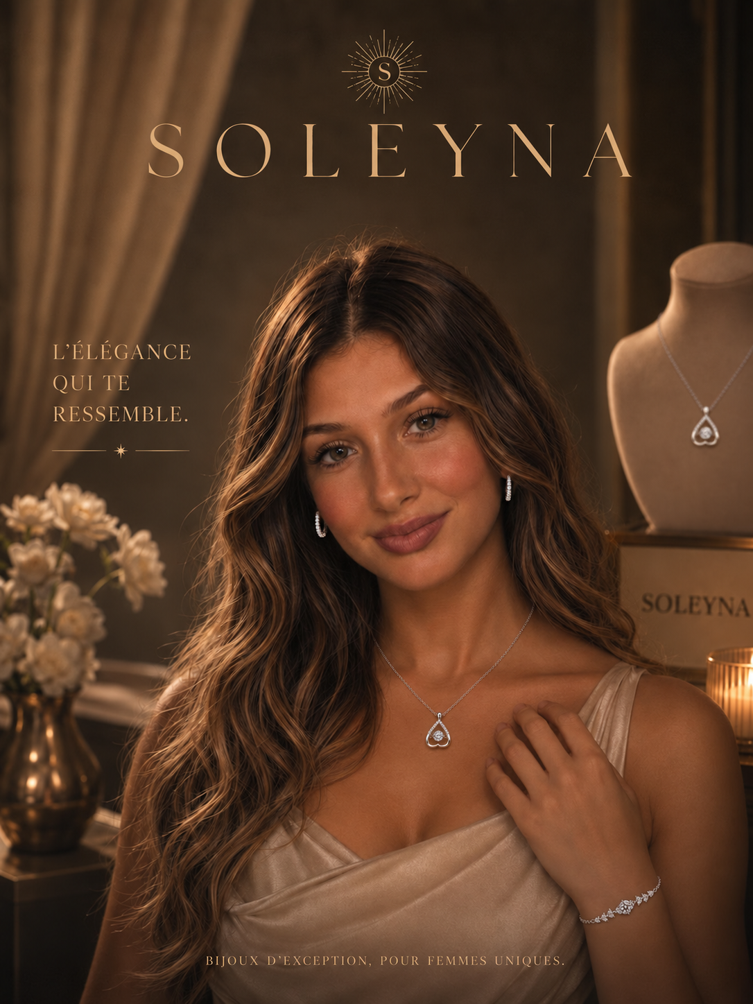 Portrait SOLEYNA avec le collier cœur INÈS, les créoles Éclat et le bracelet Lumière.